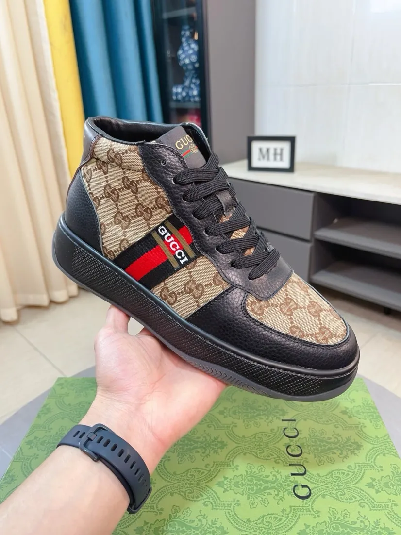 Men's shoes 💰438🌹🌹GUCCI [Gucci] New high-top men's shoes, a high-end brand, the latest fashionable casual men's shoes, trendy and versatile, relaxed and sporty style, uppers imported from Italy, first-layer cowhide, genuine leather lining, and ultra-fine workmanship. Original personalized fashionable rubber wear-resistant outsole, light and comfortable on the foot, size 38-44